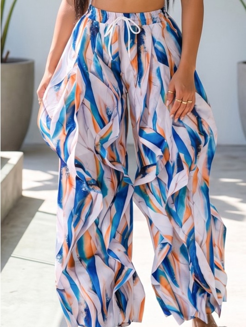 Printed Wide-Leg Drawstring Pants - Blue & Orange